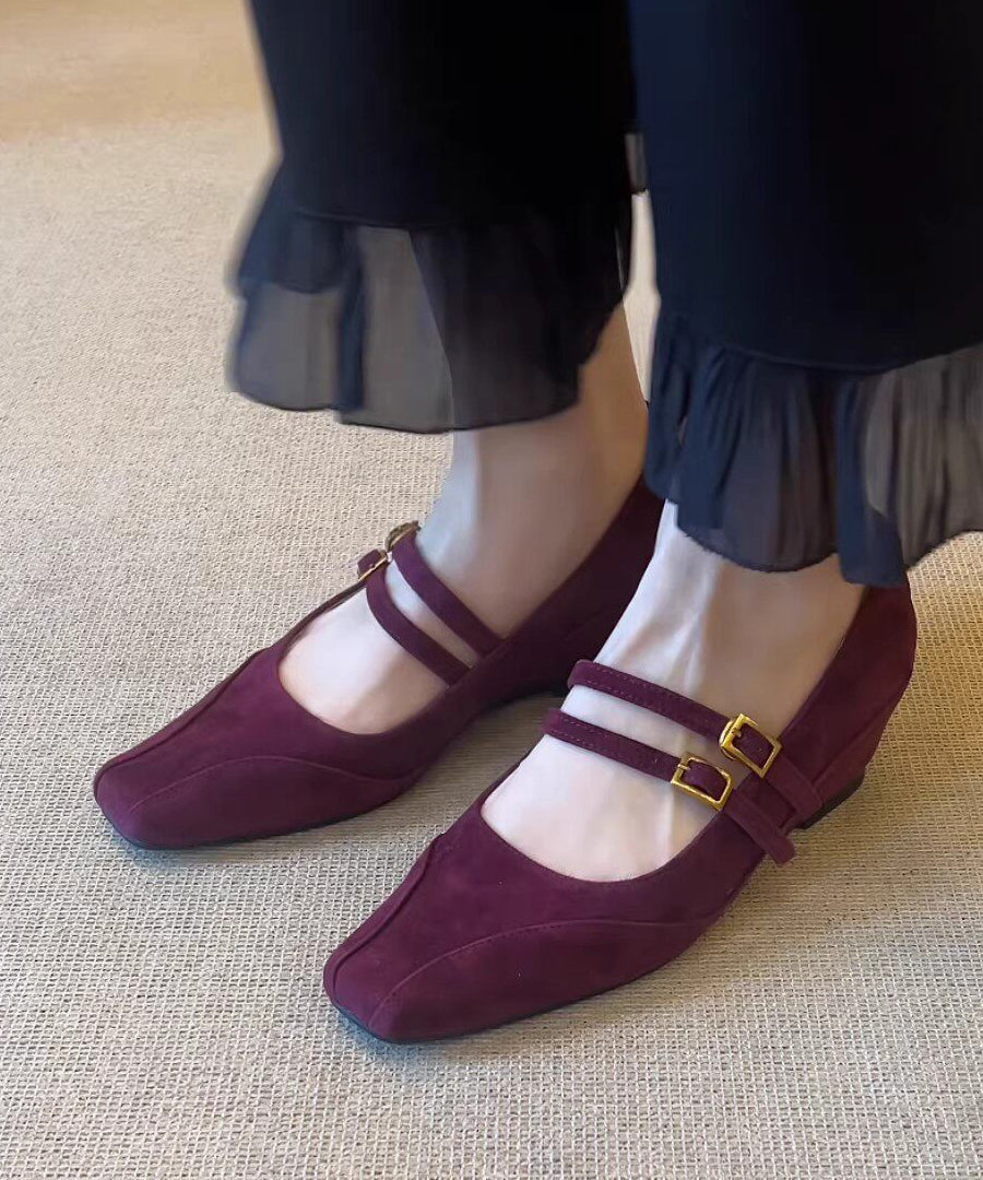 Women Buckle Strap Splicing Wedge Heels Shoes Purple Suede