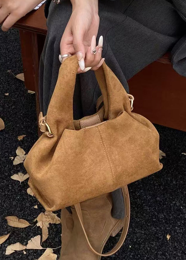 Women Camel Solid Durable Faux Suede Tote Handbag