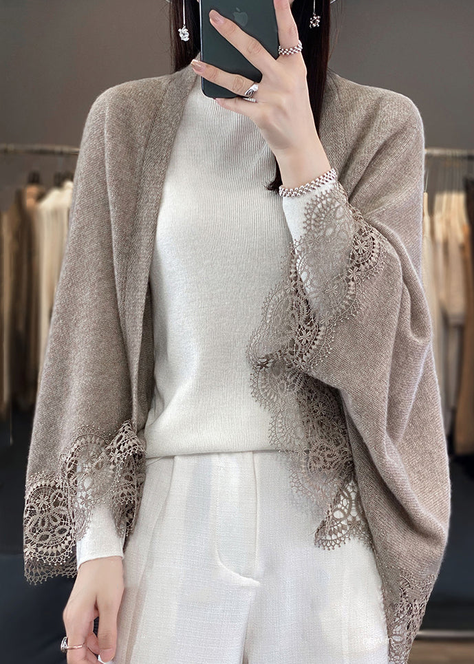 Women Camel V Neck Hollow Out Lace Woolen Cardigans Batwing Sleeve