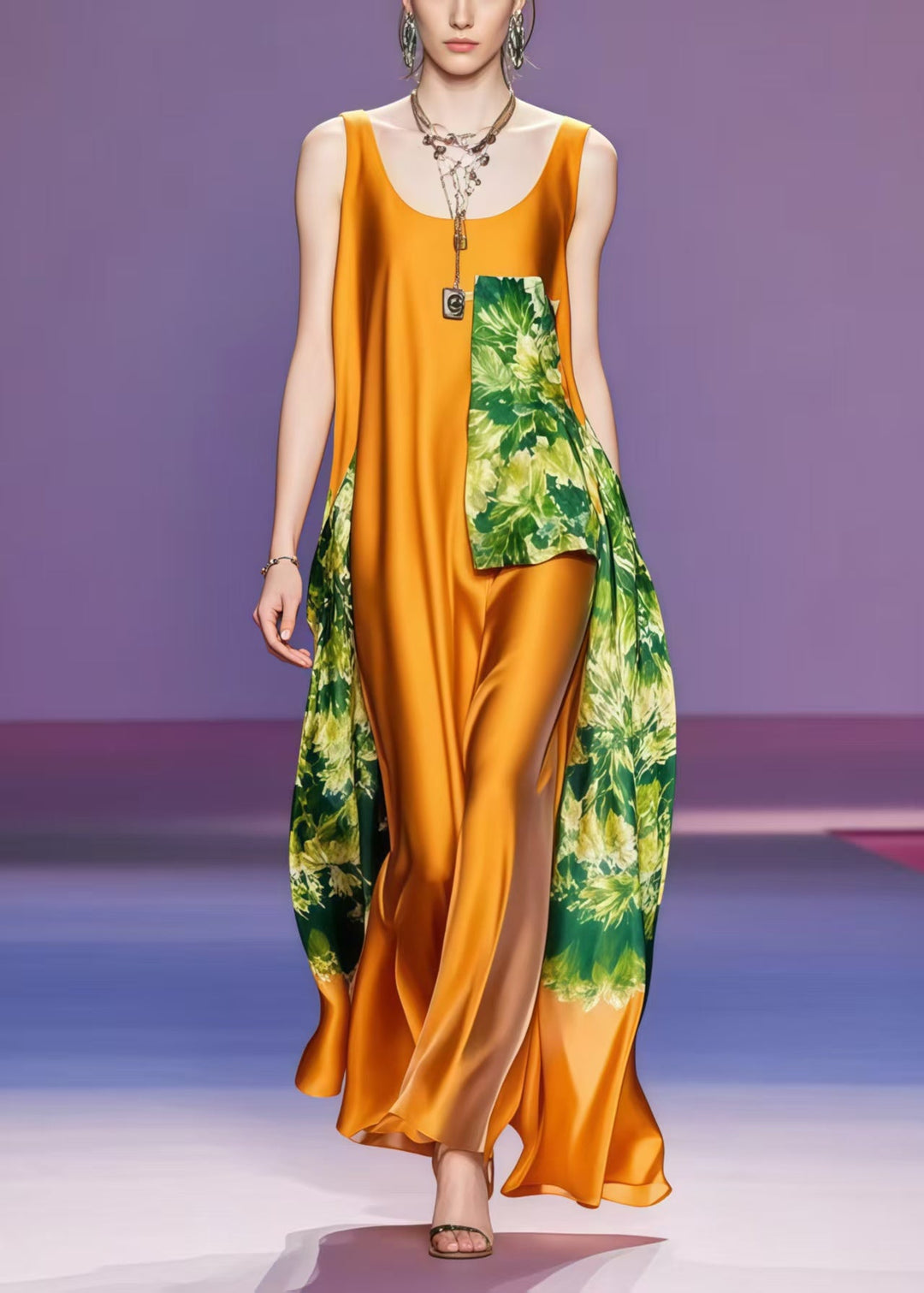 Women Caramel Asymmetrical Patchwork Silk Dress Sleeveless