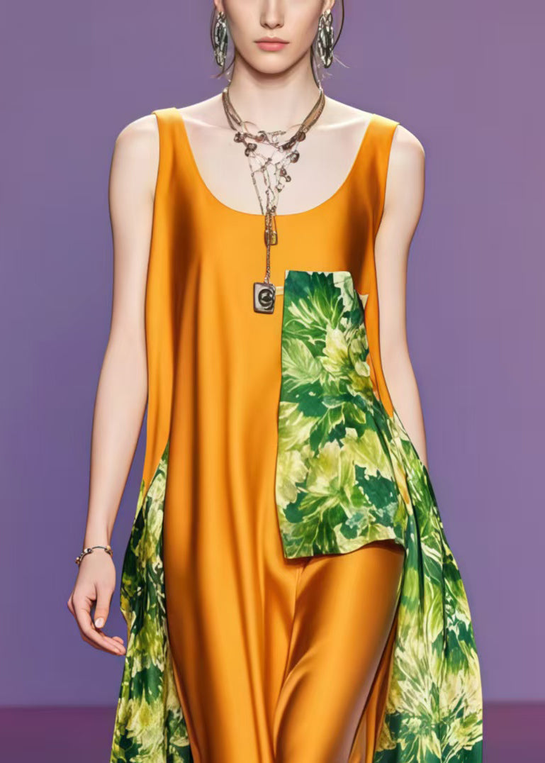 Women Caramel Asymmetrical Patchwork Silk Dress Sleeveless