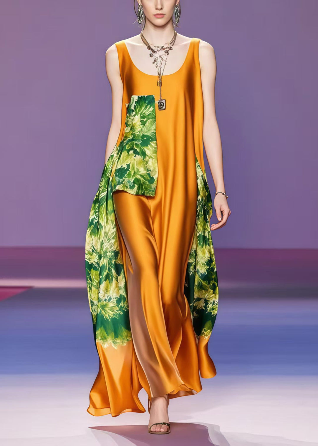 Women Caramel Asymmetrical Patchwork Silk Dress Sleeveless