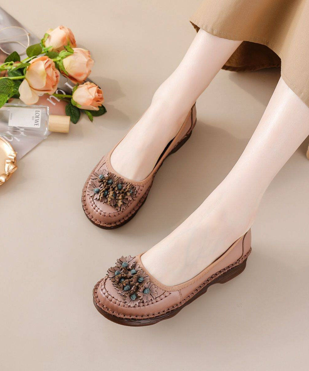 Women Caramel Flats Cowhide Leather Comfortable Floral