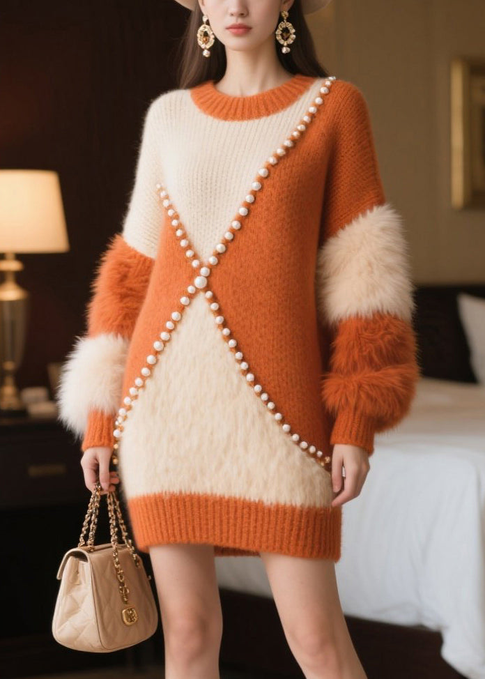 Women Caramel Nail Bead Patchwork Faux Fur Sweater Dress Winter