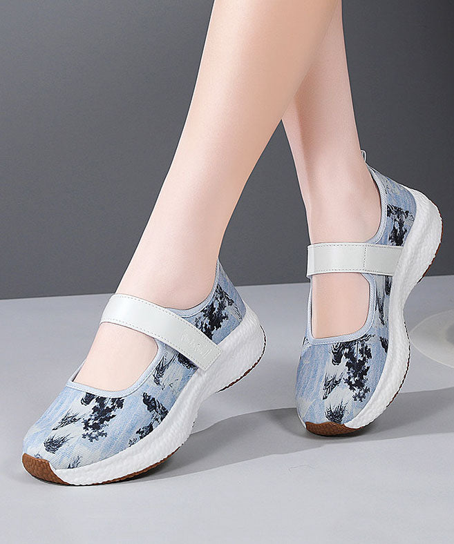 Women Casual Blue Denim Fabric Print Flat Feet Shoes Buckle Strap