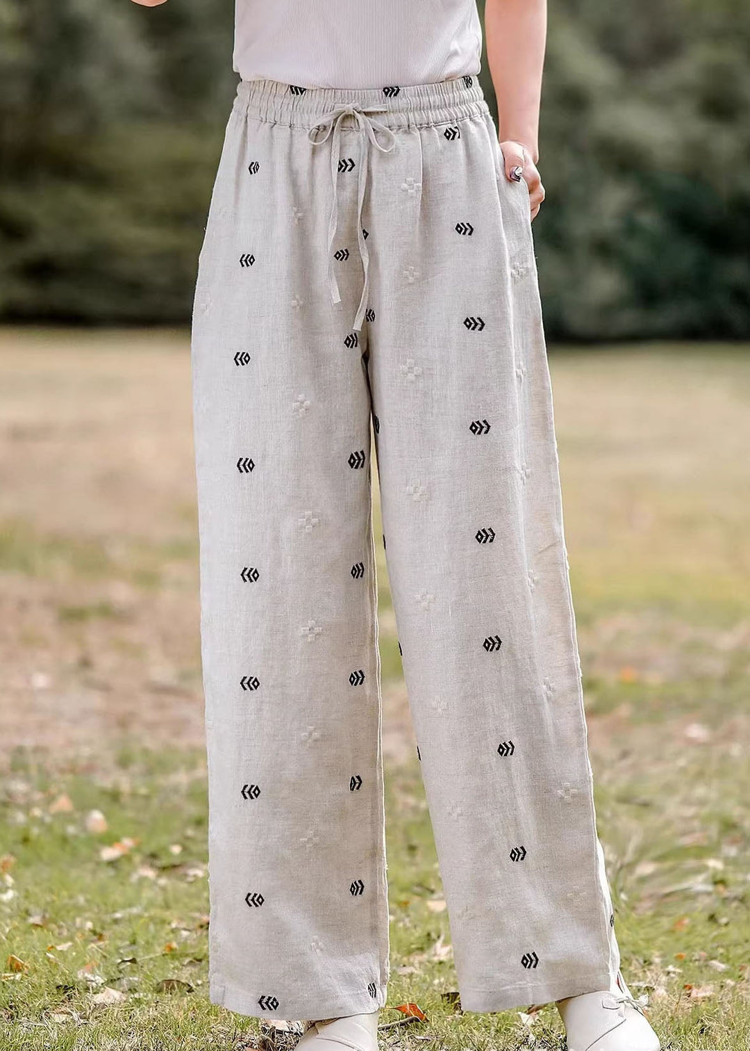 Women Casual Embroidered Pockets Elastic Waist Linen Pants Summer