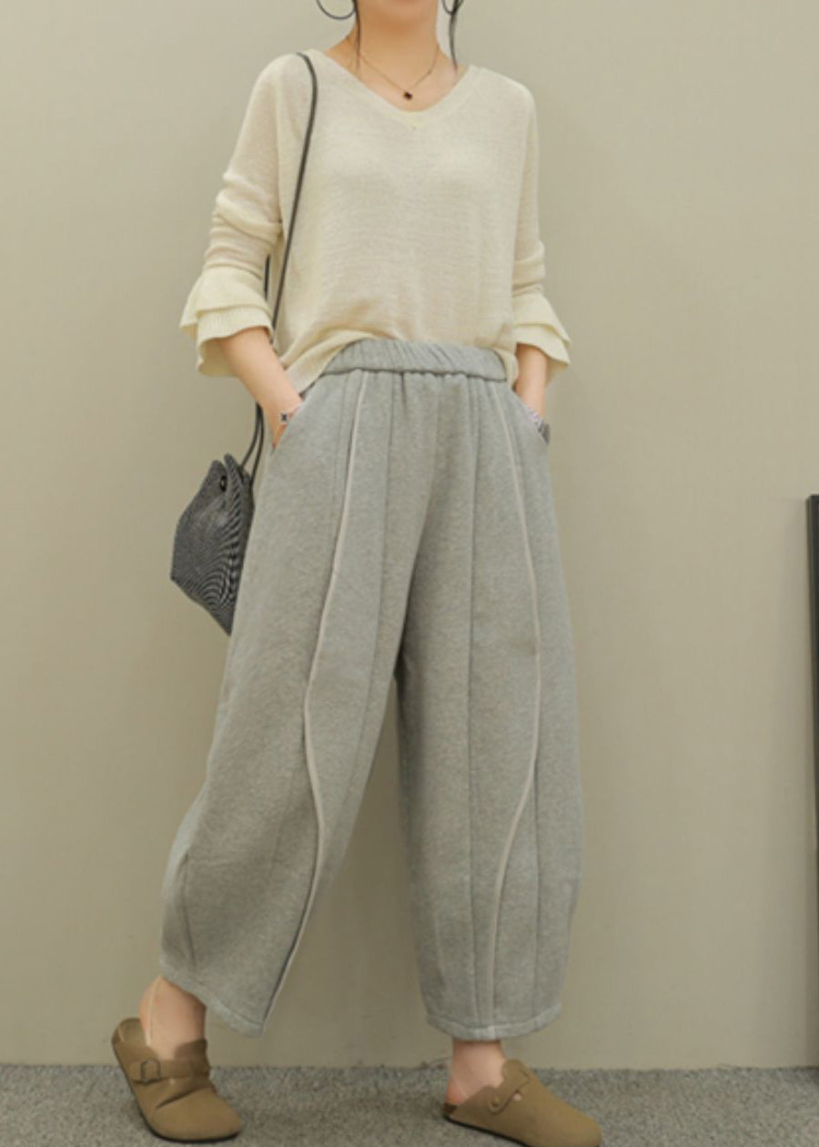 Women Casual Grey Pockets Elastic Waist Patchwork Cotton Pants Fall