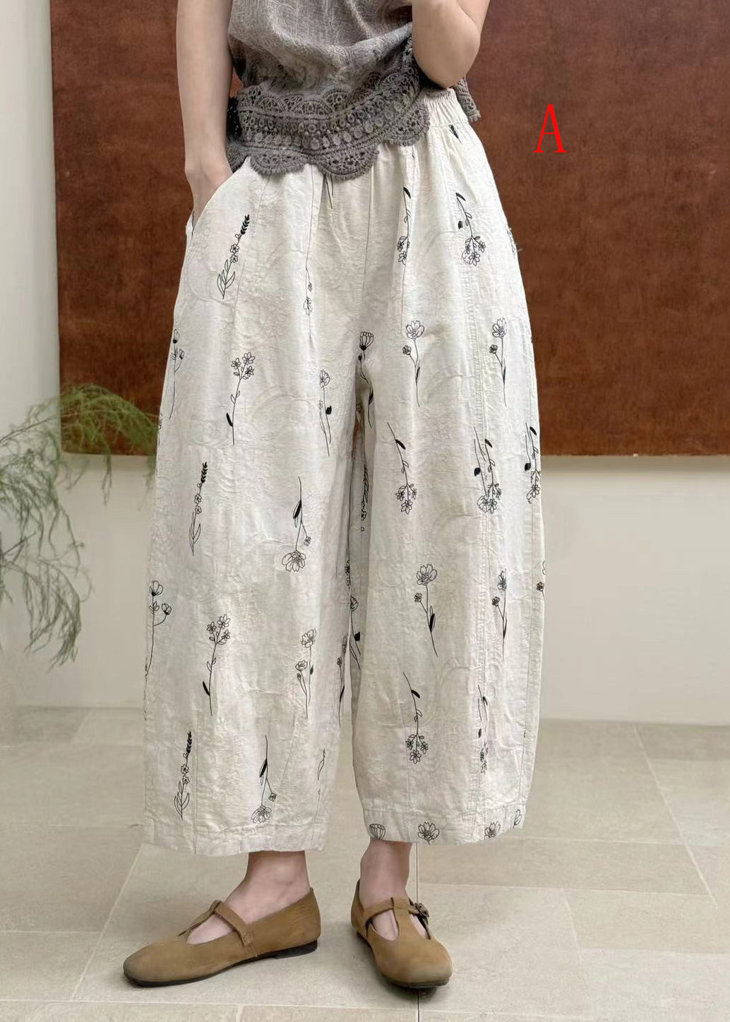 Women Casual Pockets Print Elastic Waist Cotton Pants Fall