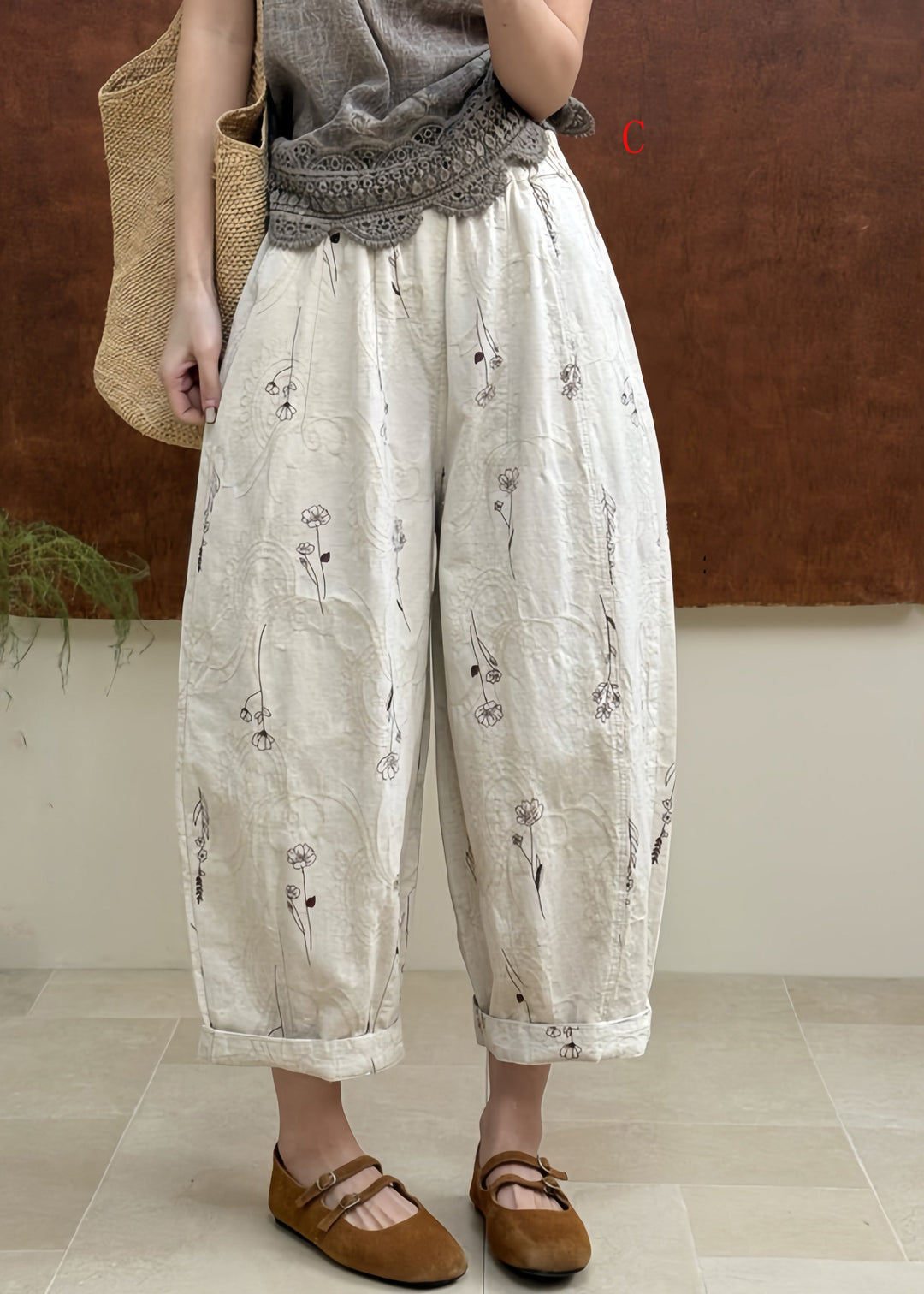 Women Casual Pockets Print Elastic Waist Cotton Pants Fall