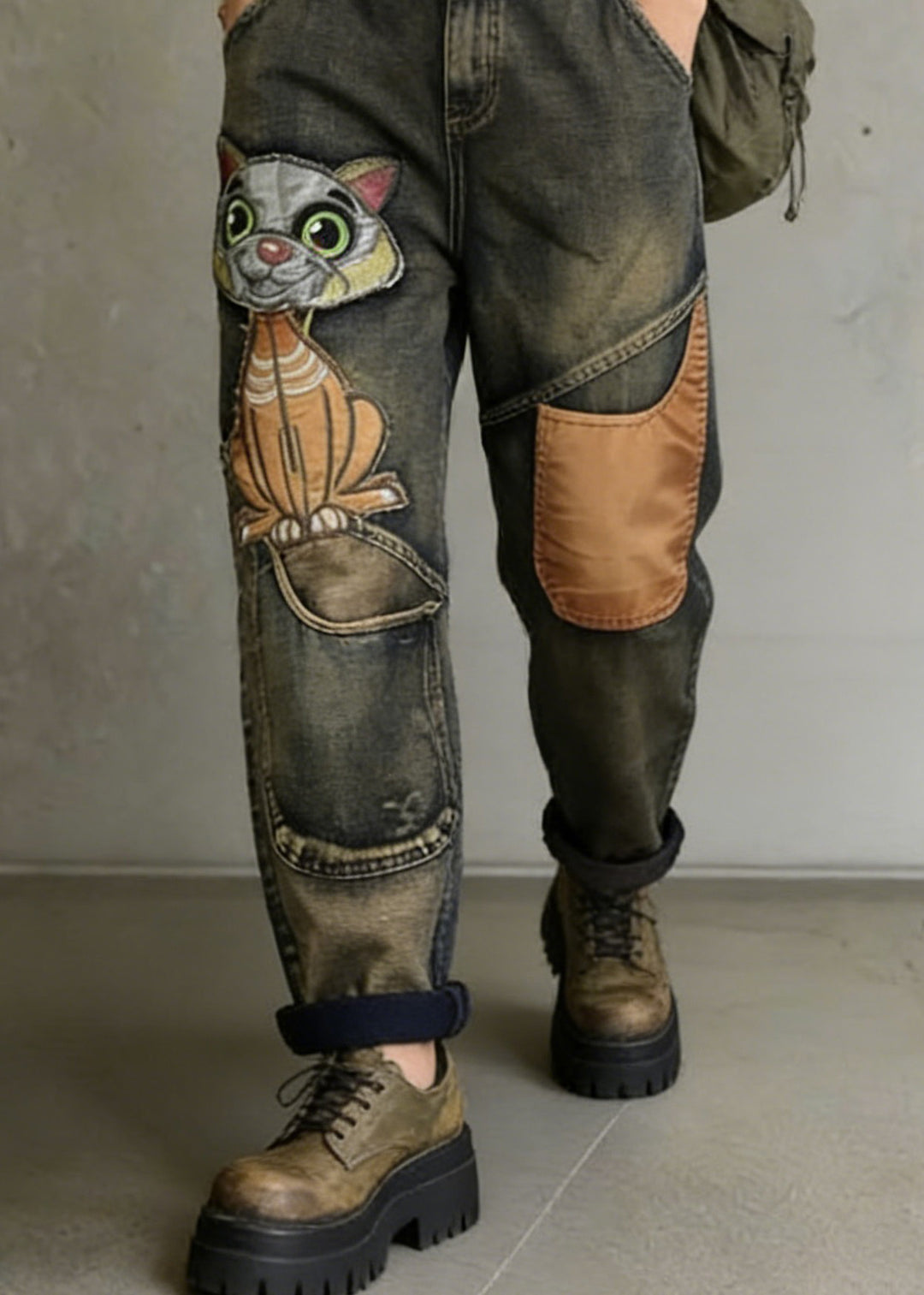 Women Cat Embroidery Patchwork Mid Waist Loose Denim Harem Jeans