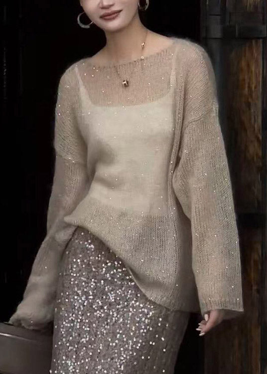 Women Champagne Color O Neck Sequins Thin Knit Top Fall