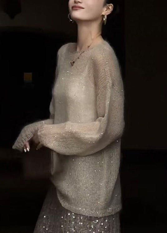 Women Champagne Color O Neck Sequins Thin Knit Top Fall