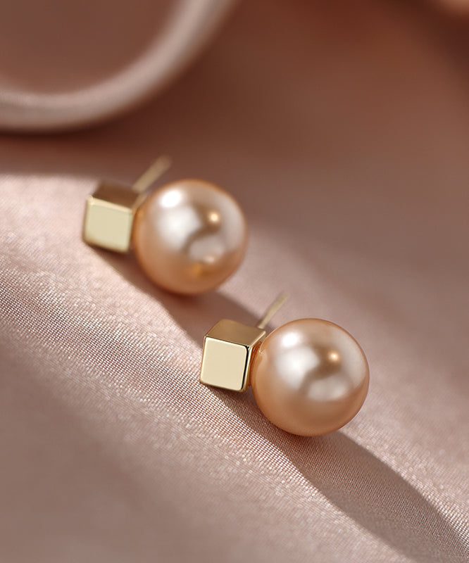 Women Champagne Copper Alloy Pearl Stud Earrings