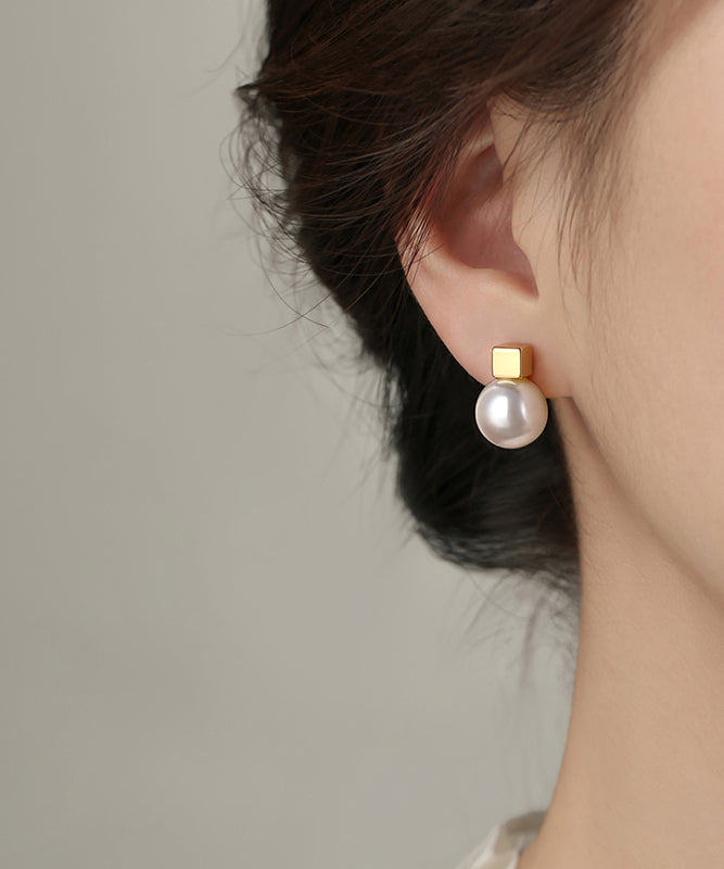 Women Champagne Copper Alloy Pearl Stud Earrings