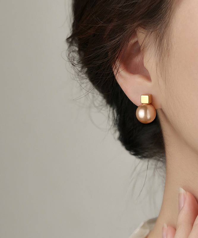 Women Champagne Copper Alloy Pearl Stud Earrings