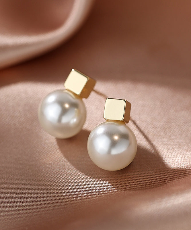 Women Champagne Copper Alloy Pearl Stud Earrings