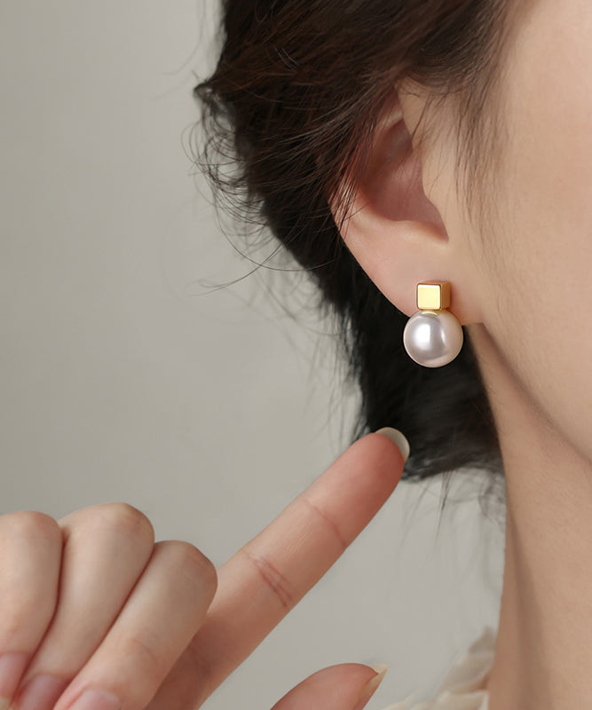 Women Champagne Copper Alloy Pearl Stud Earrings