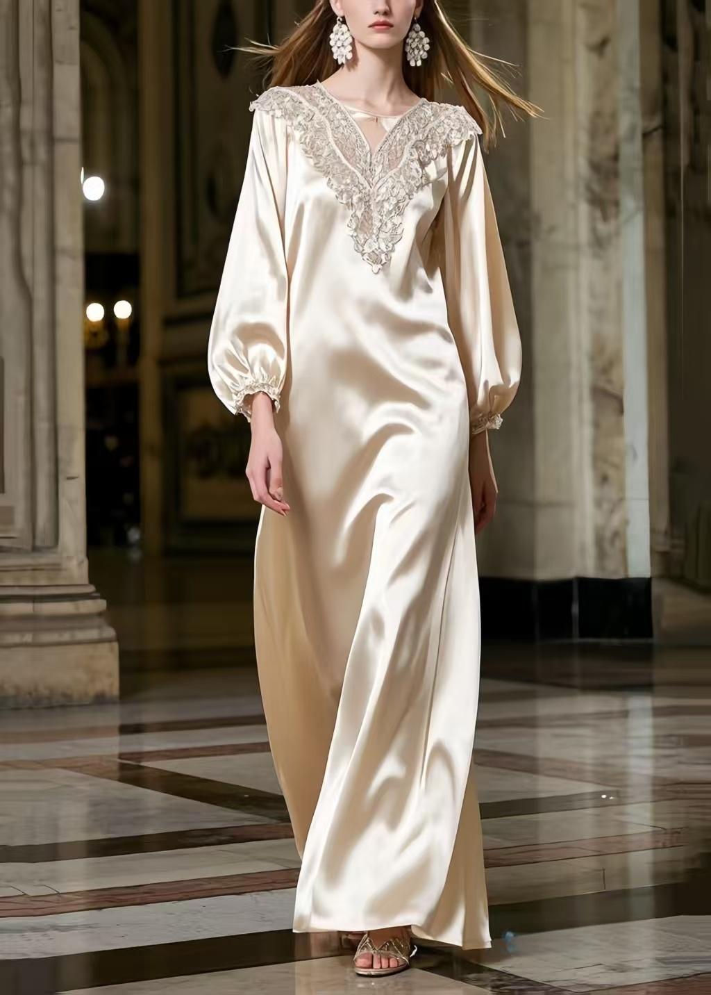 Women Champagne Lace Neck Draping Silk Robe Dresses Spring