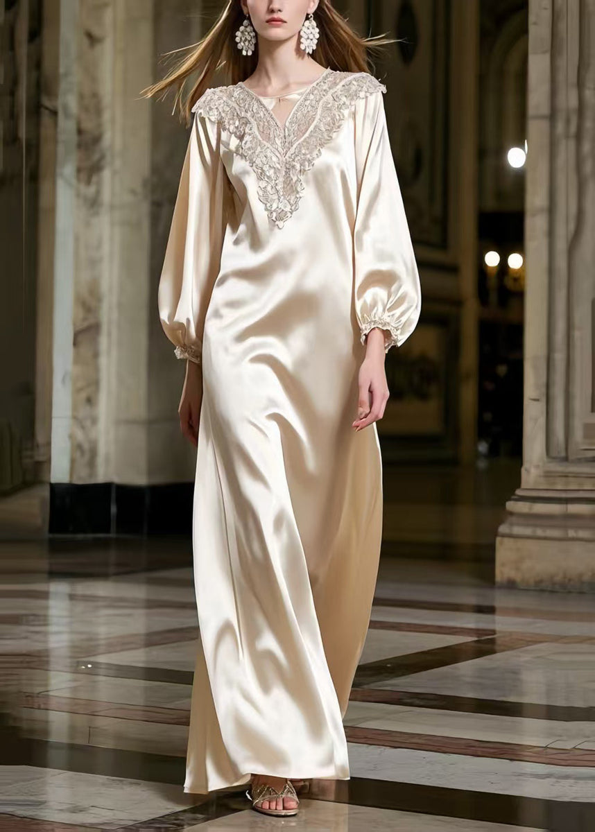 Women Champagne Lace Neck Draping Silk Robe Dresses Spring – Omychic