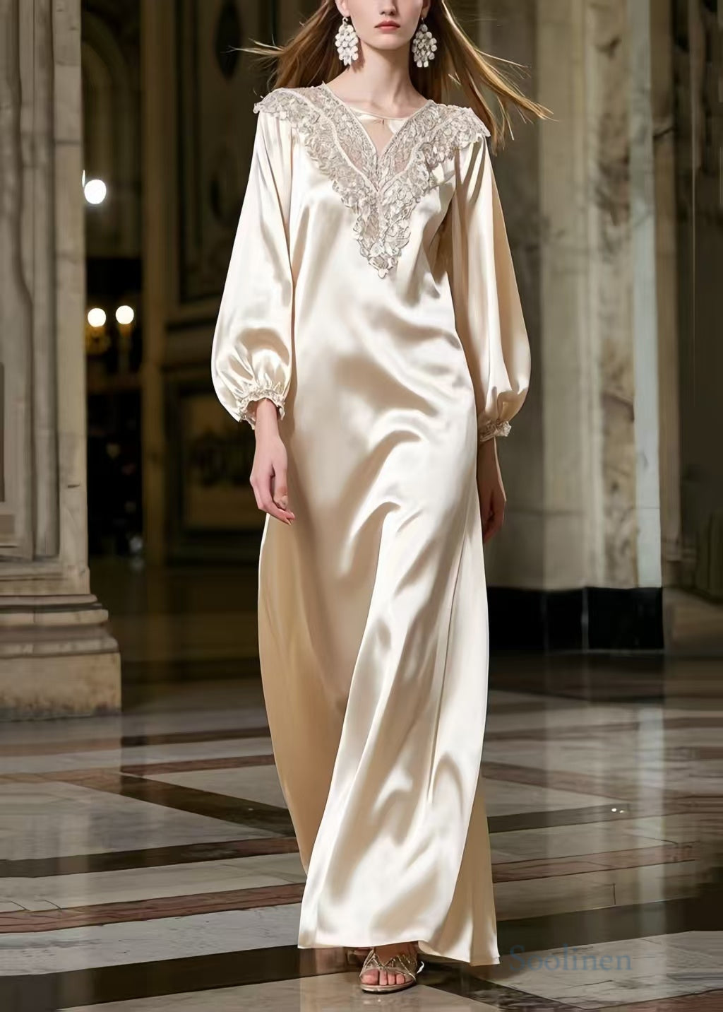 Women Champagne Lace Neck Draping Silk Robe Dresses Spring