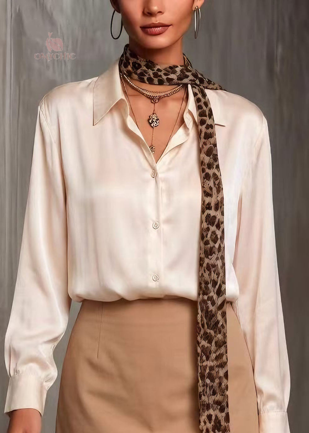 Women Champagne Peter Pan Collar Silk Shirts Top Spring