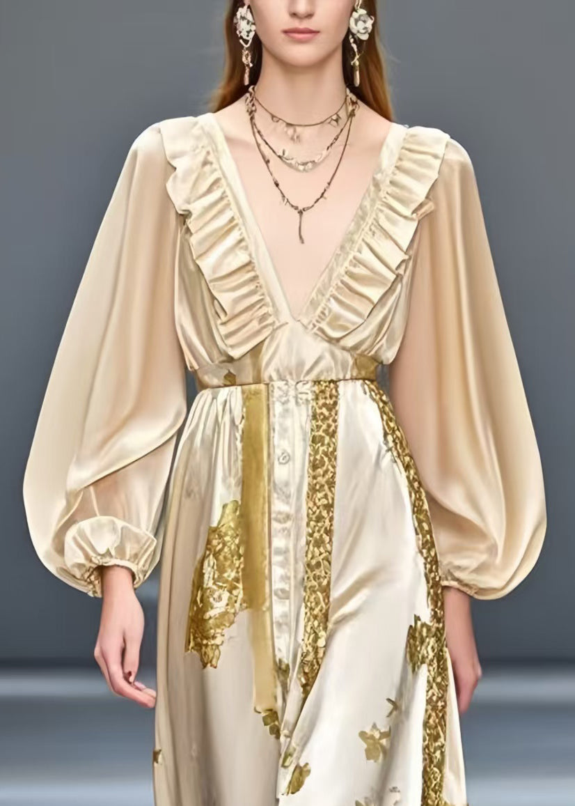 Women Champagne Ruffled Print Silk Dress Summer