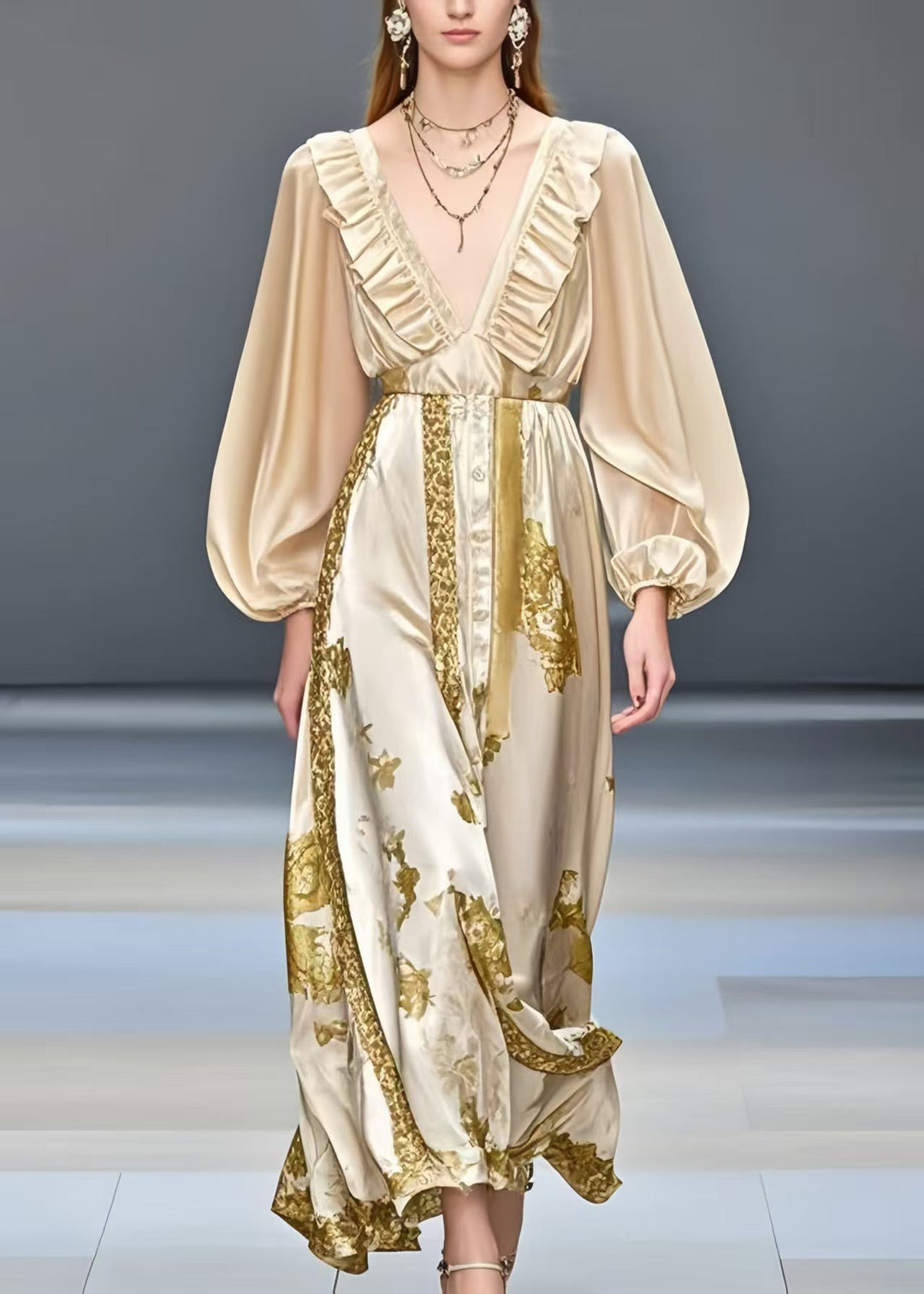 Women Champagne Ruffled Print Silk Dress Summer