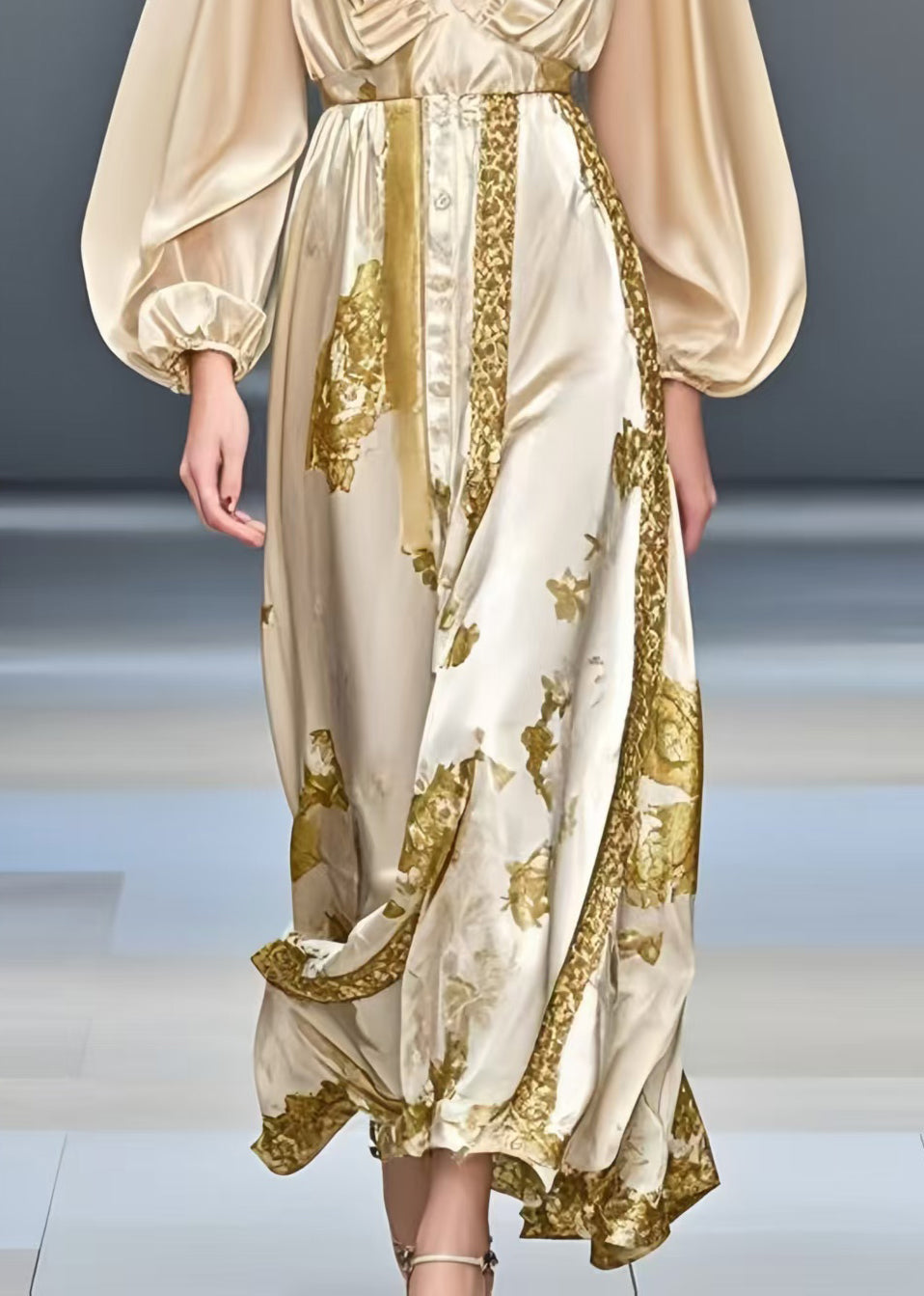 Women Champagne Ruffled Print Silk Dress Summer