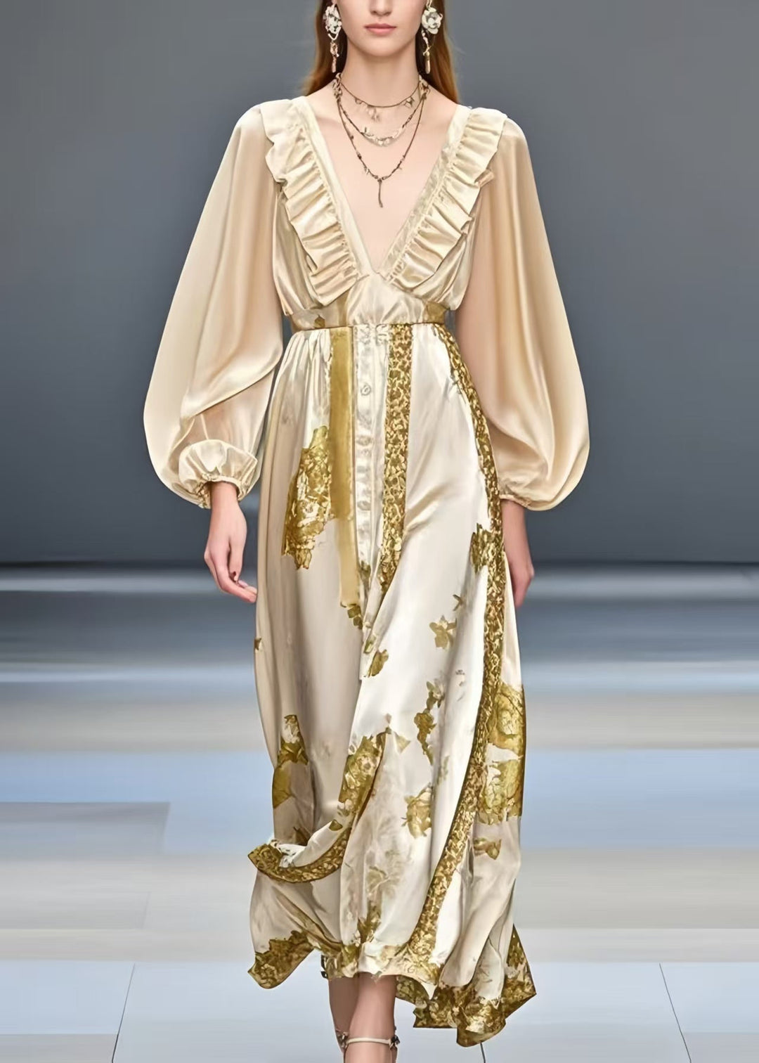 Women Champagne Ruffled Print Silk Dress Summer