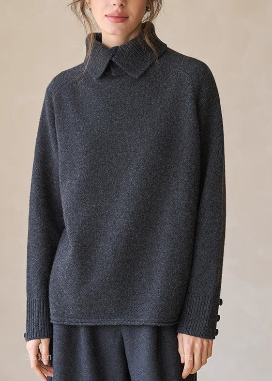 Women Charcoal Grey High Neck Warm Knit Shirts Winter