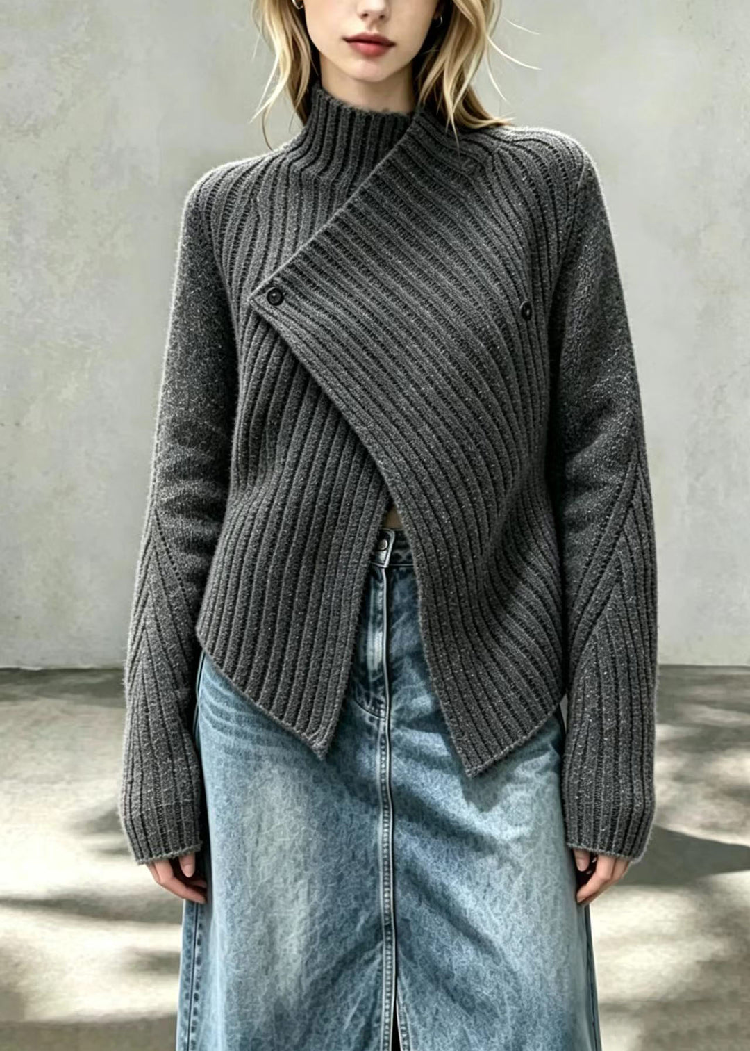 Women Charcoal Grey Speckled Asymmetrical Knit Cardigan Fall