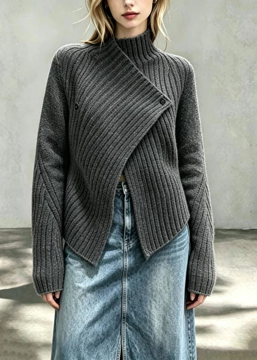 Women Charcoal Grey Speckled Asymmetrical Knit Cardigan Fall