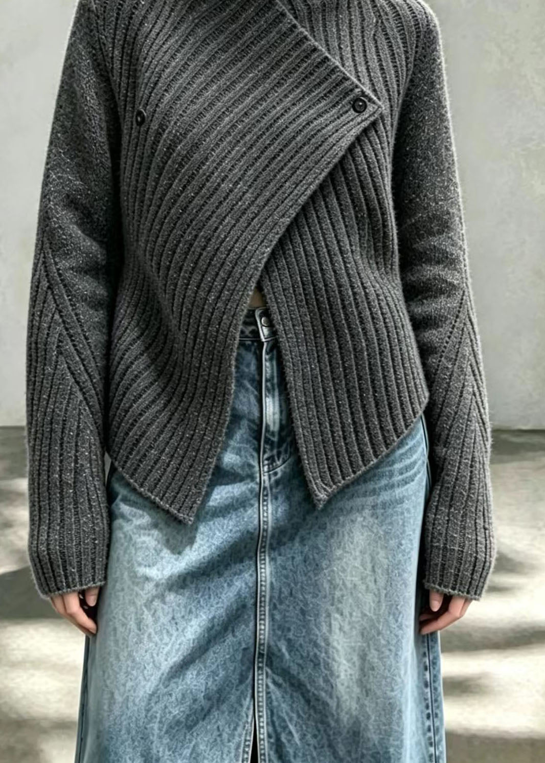 Women Charcoal Grey Speckled Asymmetrical Knit Cardigan Fall