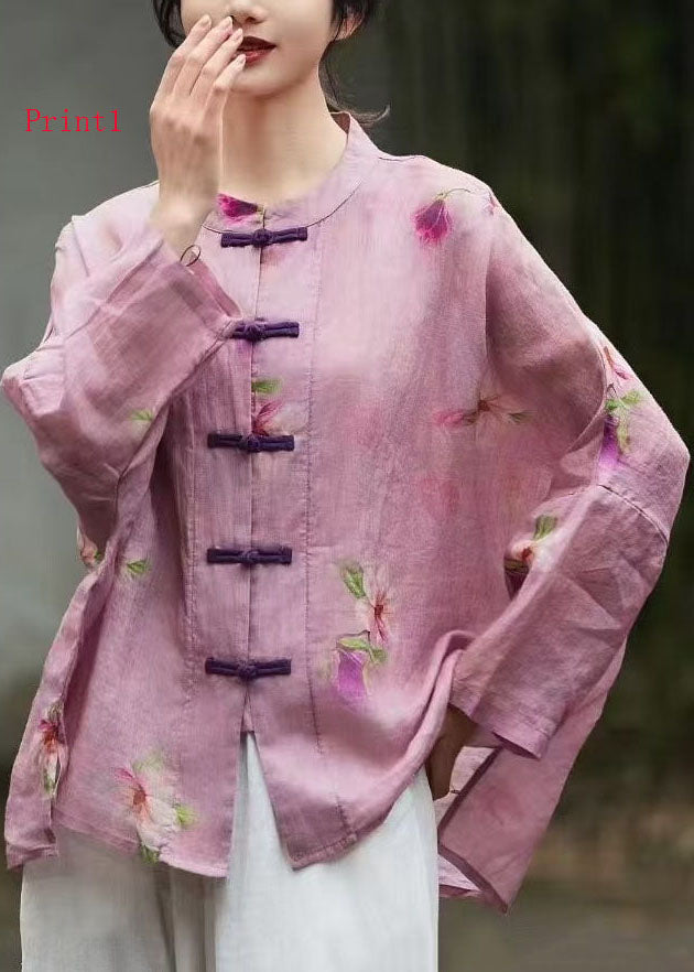 Women Chinese Button Print Linen Shirt Top Long Sleeve