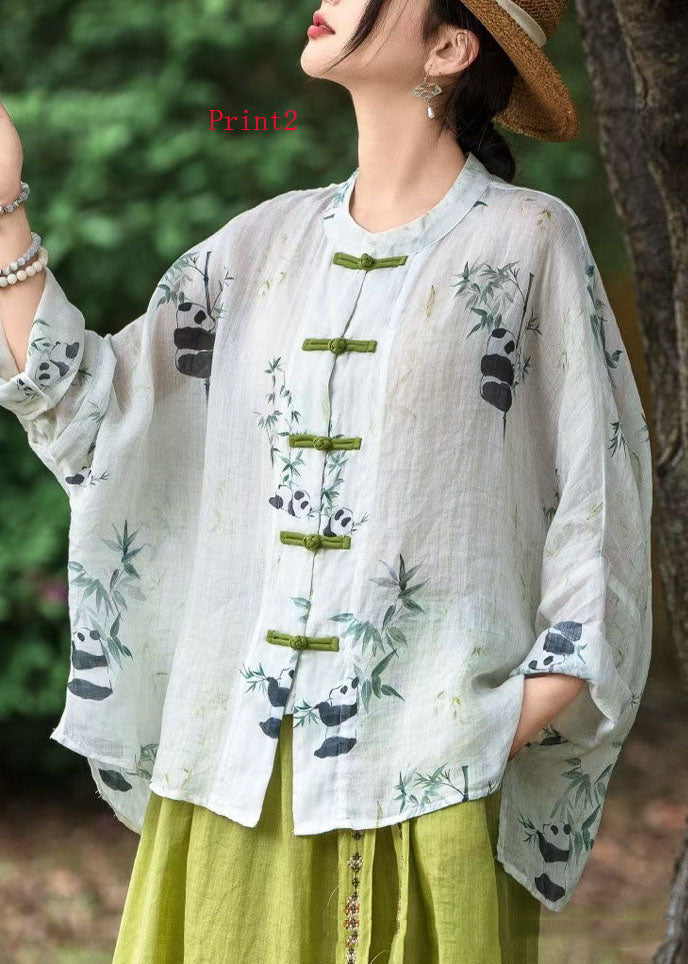 Women Chinese Button Print Linen Shirt Top Long Sleeve