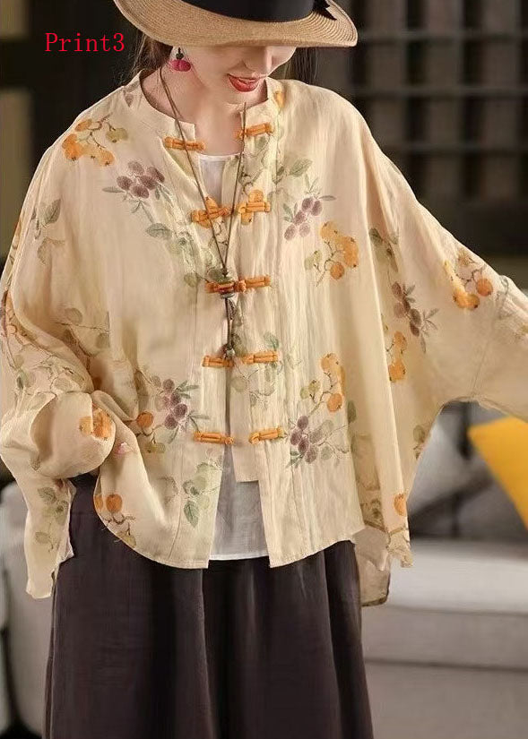 Women Chinese Button Print Linen Shirt Top Long Sleeve