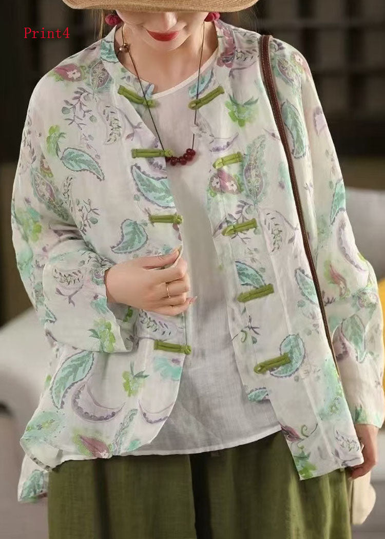Women Chinese Button Print Linen Shirt Top Long Sleeve