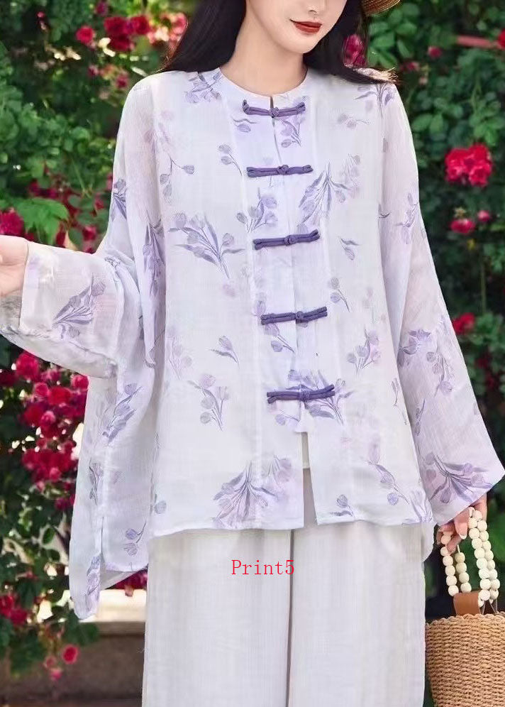 Women Chinese Button Print Linen Shirt Top Long Sleeve