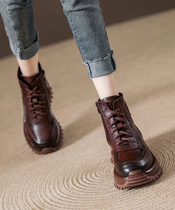 Women Chocolate Cowhide Leather Lace Up Splicing Boots
