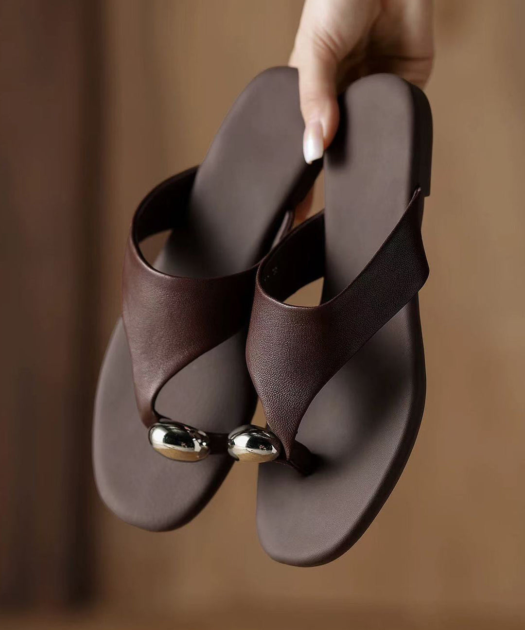 Women Chocolate Faux Leather Thong Sandals
