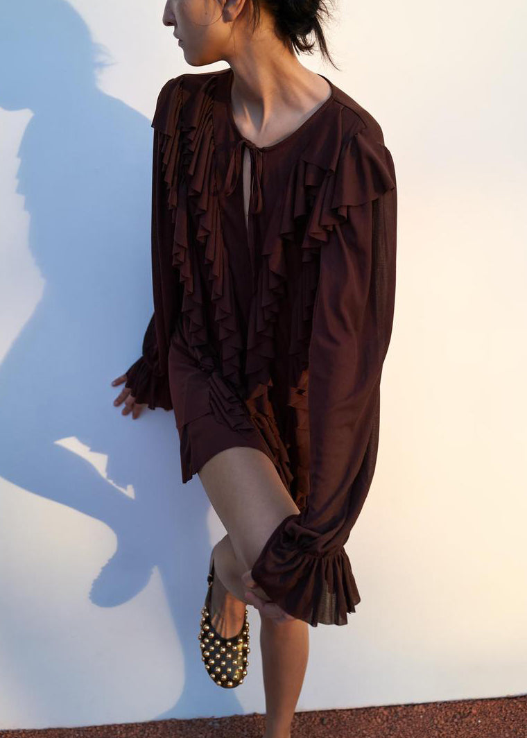 Women Chocolate Ruffled Lace Up Cotton Mini Dress Butterfly Sleeve