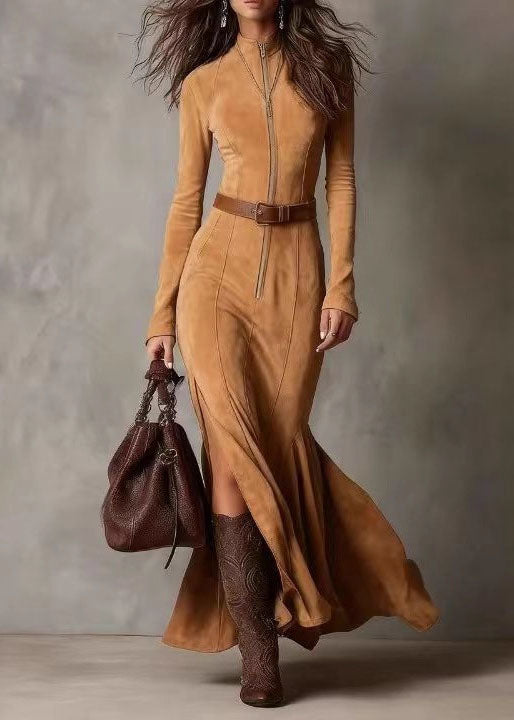 Women Chocolate Zip Up Patchwork Faux Suede Dress Fall
