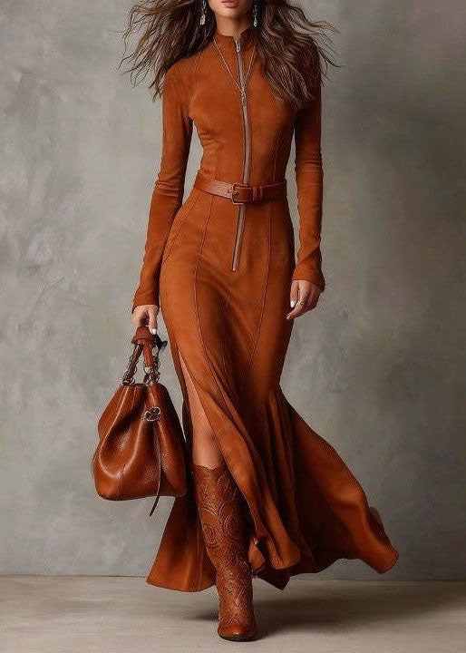 Women Chocolate Zip Up Patchwork Faux Suede Dress Fall