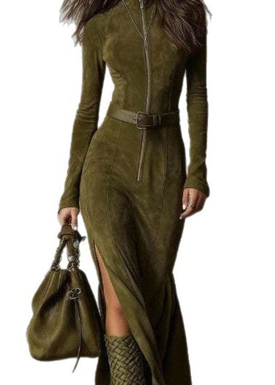 Women Chocolate Zip Up Patchwork Faux Suede Dress Fall