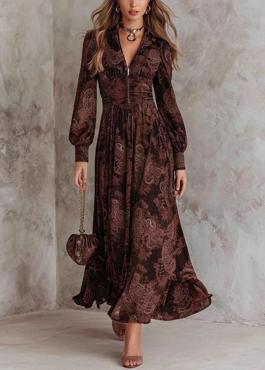 Women Chocolate Zip Up Print Wrinkled Cotton Maxi Dresses Fall