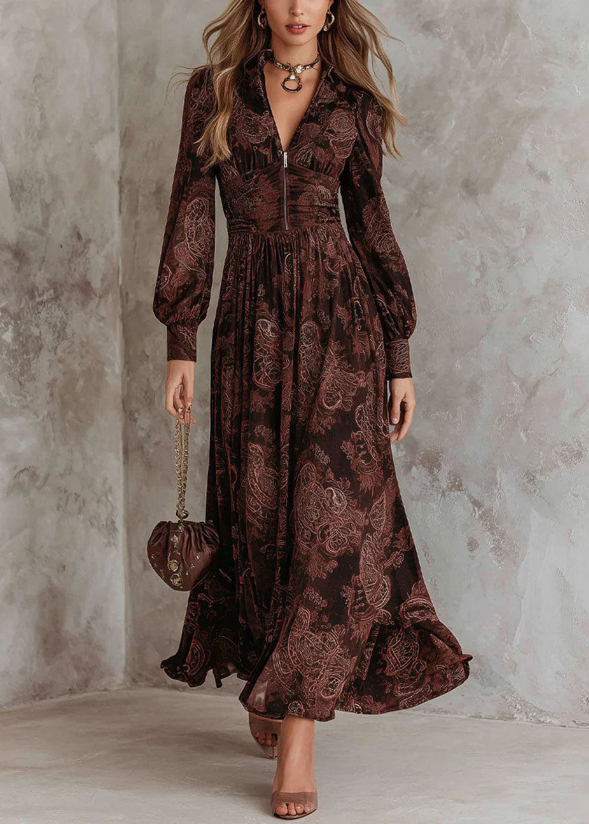 Women Chocolate Zip Up Print Wrinkled Cotton Maxi Dresses Fall