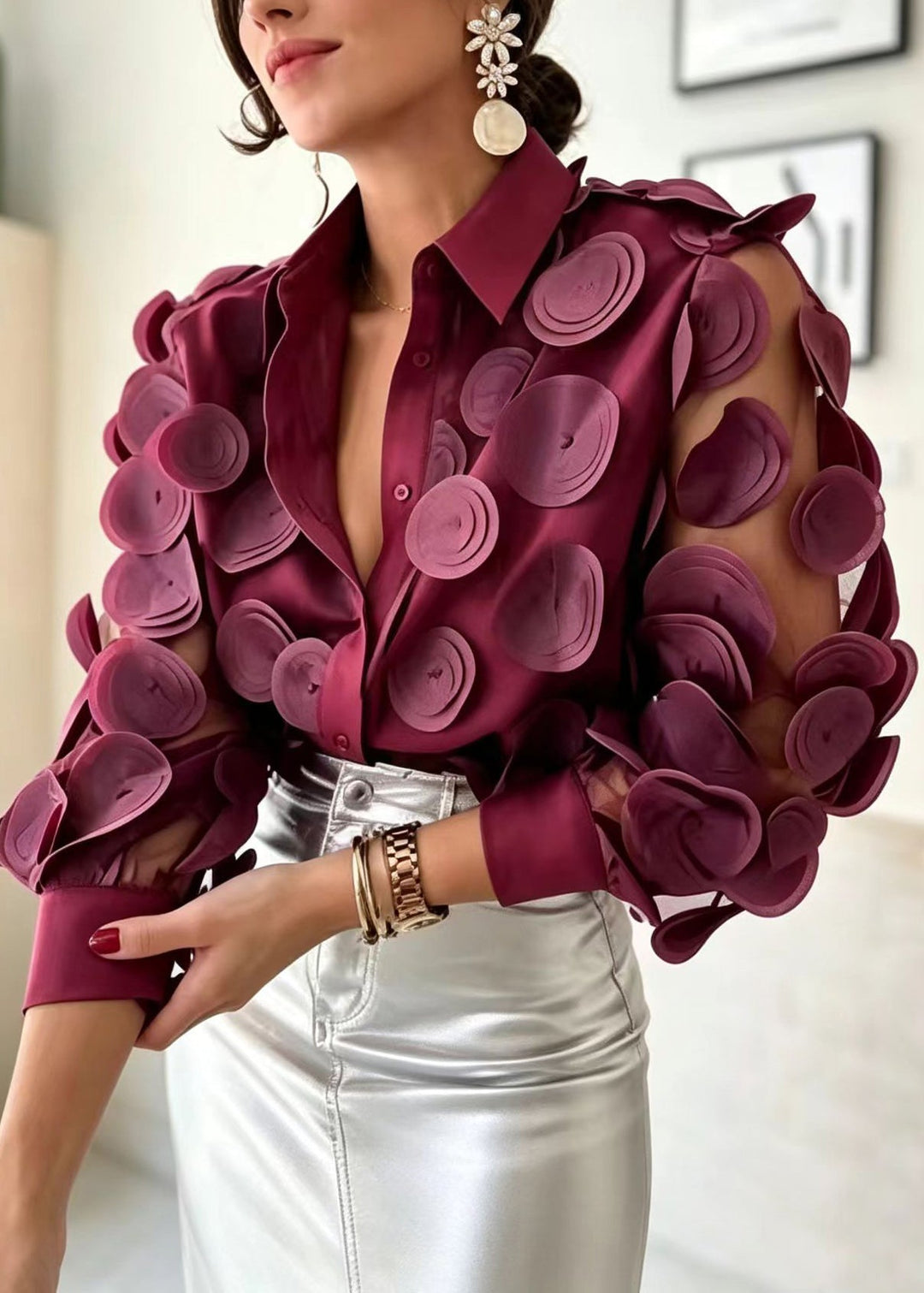 Women Claret Mesh Patchwork Stereoscopic Floral Blouse Tops Long Sleeve