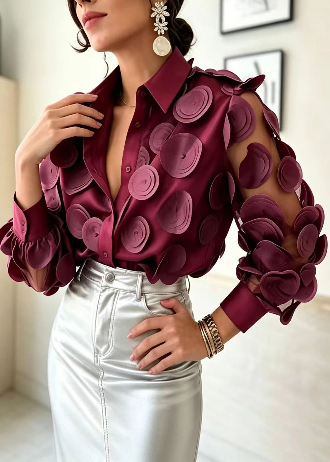 Women Claret Mesh Patchwork Stereoscopic Floral Blouse Tops Long Sleeve