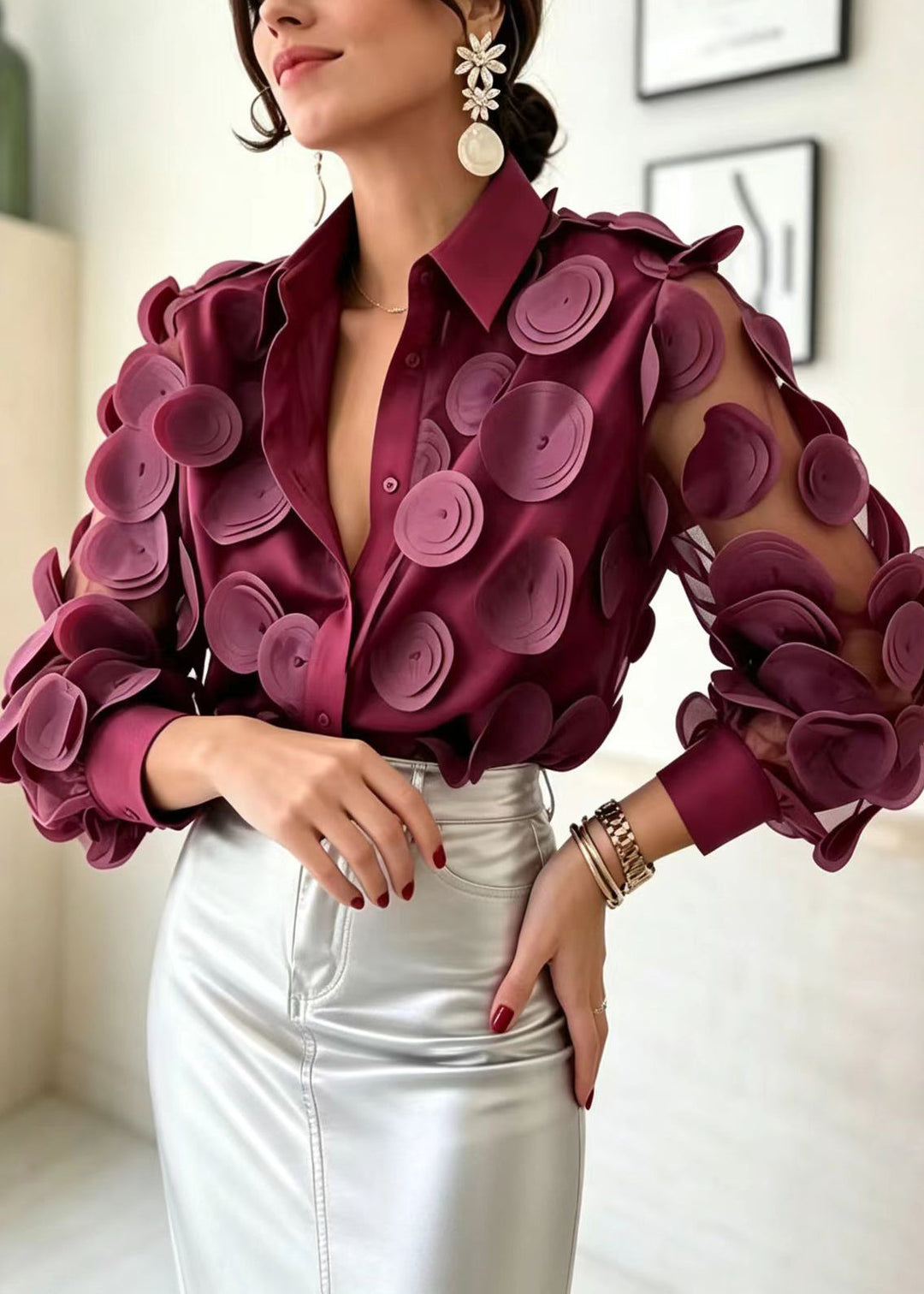 Women Claret Mesh Patchwork Stereoscopic Floral Blouse Tops Long Sleeve