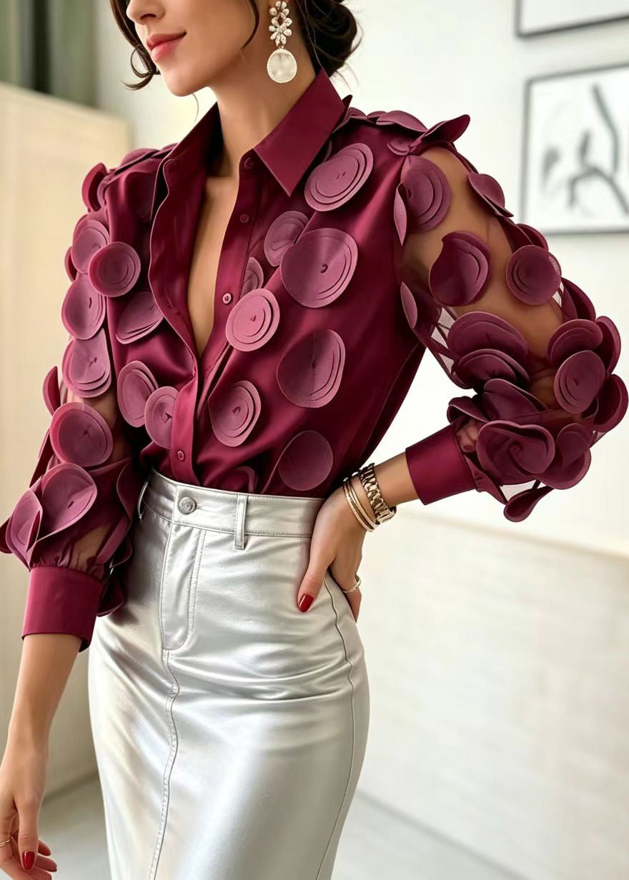 Women Claret Mesh Patchwork Stereoscopic Floral Blouse Tops Long Sleeve